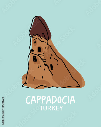 Goreme Open Air Museum. Cave monastery in the rocks (Turkey) , Vector illustration. Liner hand drawn vector illustration.