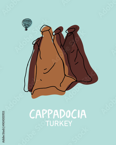 Stone pillars of Cappadocia. Vector illustration liner hand drawn art.