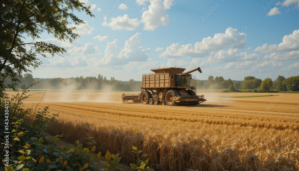 Fototapeta premium Vintage combine harvester working in golden wheat field at sunset