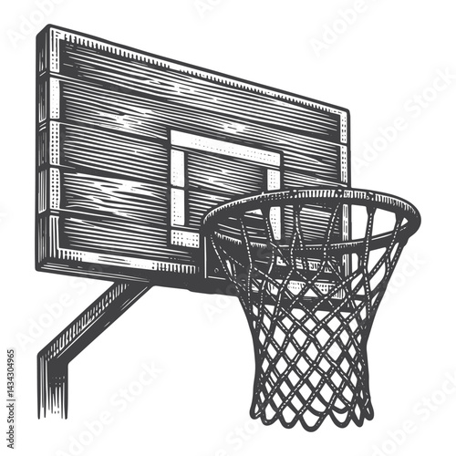 Vintage Hand-Drawn Basketball Hoop With Net Illustration – Sports Engraved Style Vector for T-Shirts, Posters, Stickers, and Athletic Apparel