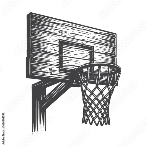 Vintage Hand-Drawn Basketball Hoop With Net Illustration – Sports Engraved Style Vector for T-Shirts, Posters, Stickers, and Athletic Apparel