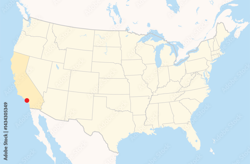 Obraz premium Location Map of the city Lakewood in California, USA. The state is marked orange and the city is highlighted with a red dot. No labels at all.