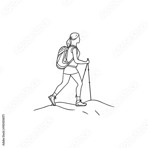 Woman hiking with walking poles and backpack vector illustration