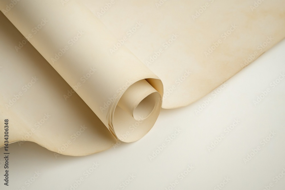 A partially unrolled roll of aged paper with a subtle yellowed hue rests on a plain white surface A partially unrolled roll of aged paper with a subtle yellowed hue rests on a plain white surface