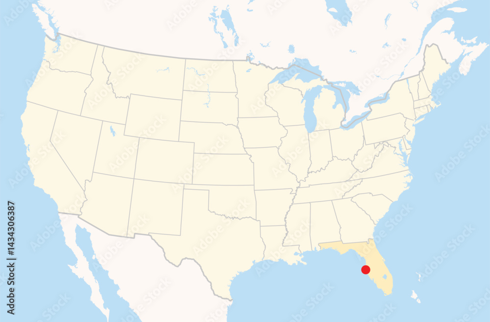 Obraz premium Location Map of the city Largo in Florida, USA. The state is marked orange and the city is highlighted with a red dot. No labels at all.