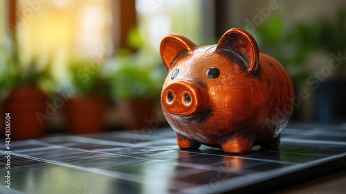 Creative display of a piggy bank resting on solar panels emphasizes energy-saving and financial efficiency in a bright indoor setting