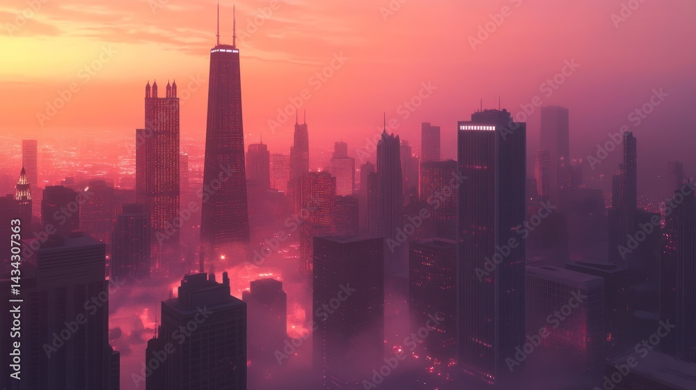 Fototapeta premium Cityscape sunset, hazy skyline, aerial view, urban landscape, futuristic design, website banner