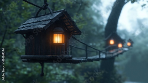 Charming wooden treehouses illuminated at dusk, nestled in a misty forest, creating a magical atmosphere