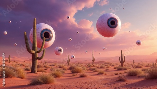 Surreal Desert Dreamscape: A whimsical scene unfolds in a sun-drenched desert, where colossal eyeballs float among the cacti under a vibrant sky, evoking a sense of wonder and introspection.