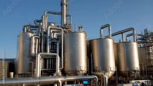 A carbon capture facility with compressors storing CO2 in tanks, automated systems monitoring emissions, and pipelines transporting gases for storage.

