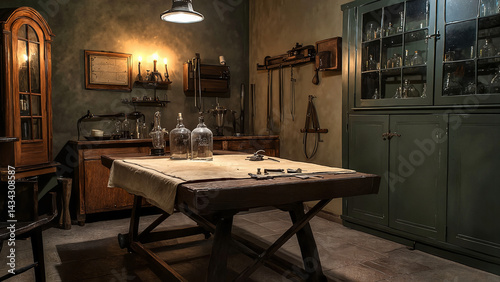 Victorian-Era Embalming Bureau – Historical Scene, Victorian-era embalming bureau with antique furniture and glass bottles in dark atmospheric setting
