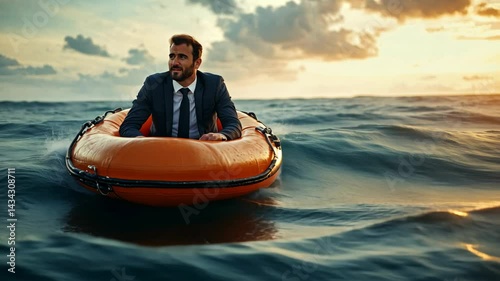 Navigating challenges, Businessman in a life raft on the open ocean
