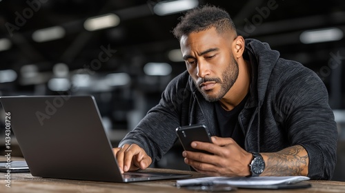 Man engaged in multitasking with laptop and mobile phone in a modern tech workspace during the daytime