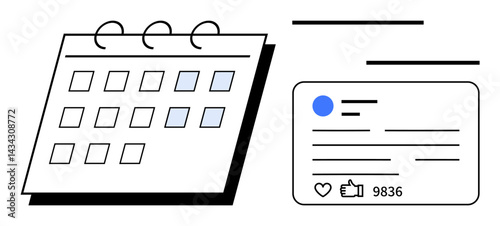 Calendar with highlighted dates alongside a social media post insight card, including thumbs ups and interactions. Ideal for content scheduling, time management, strategy, marketing, analytics