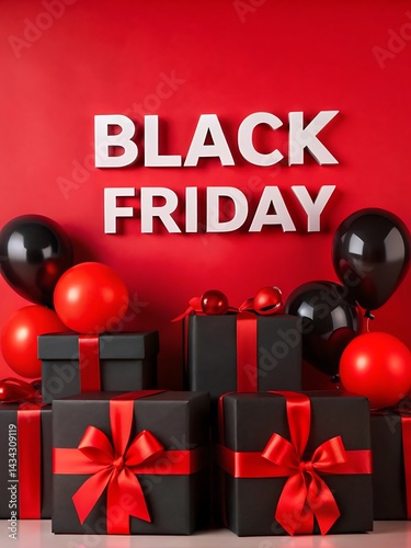 Black Friday banner featuring balloons and gifts. 