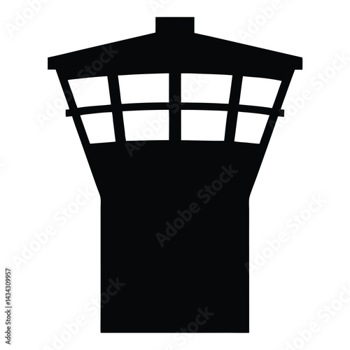 Silhouette of Air Traffic Control Tower with Window Panes and Broad Base