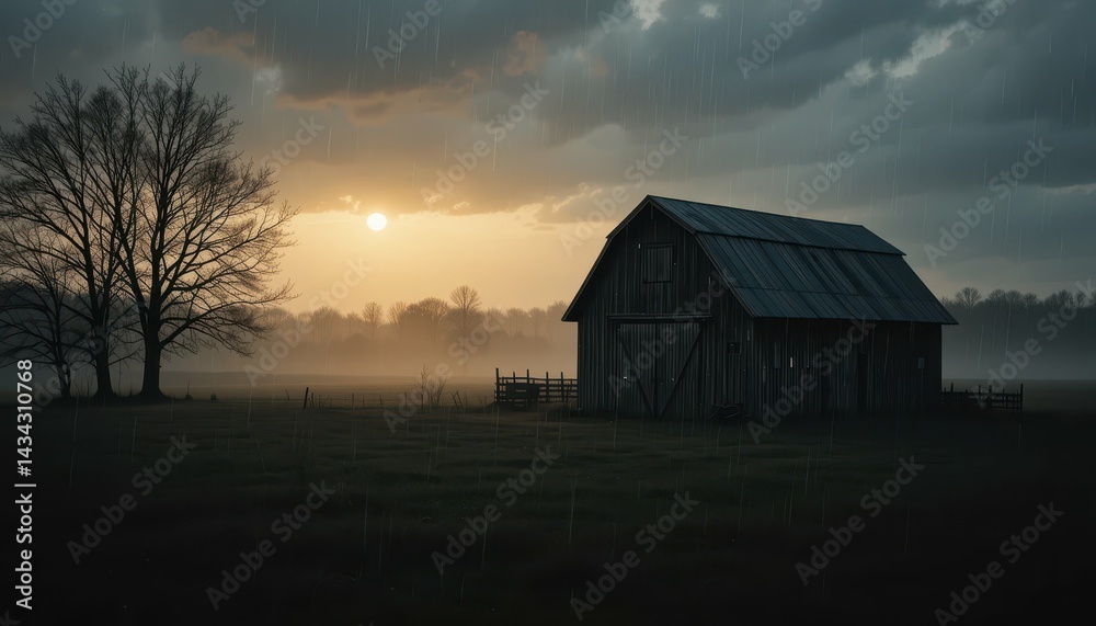 Fototapeta premium Serene Rural Landscape with Barn Under Stormy Sunset Sky