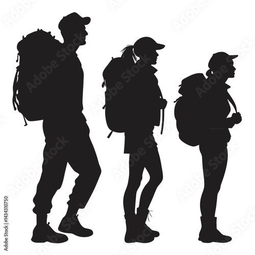 Silhouettes of Three Hikers with Backpacks