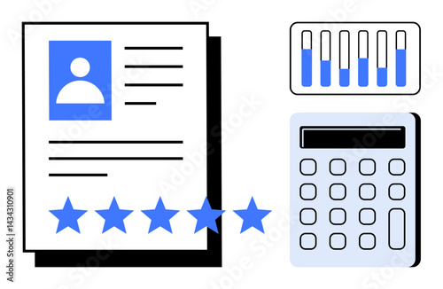 Documents with a profile photo and text, five blue stars, bar charts in a grid, and a calculator. Ideal for HR, ratings, reviews, analytics, assessments reporting and a simple landing page