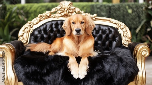 Golden retriever resting luxuriously on a gilded chaise lounge