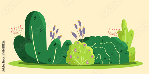 Set of bushes illustrations with flowers in the garden. Various ornamental shrubs, green, blooming. Beautiful landscape elements. Outdoor in spring and summer. Vector set of park decoration.
