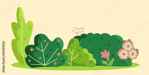 Set of bushes illustrations with flowers in the garden. Various ornamental shrubs, green, blooming. Beautiful landscape elements. Outdoor in spring and summer. Vector set of park decoration.
