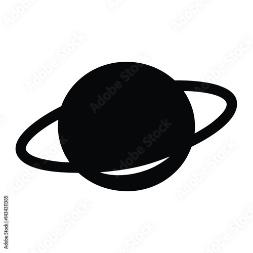 Simple black and white illustration of a planet with rings around it