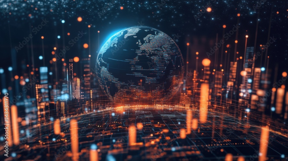 Fototapeta premium A digital representation of the Earth surrounded by data visuals and graphs in a futuristic financial setting at night