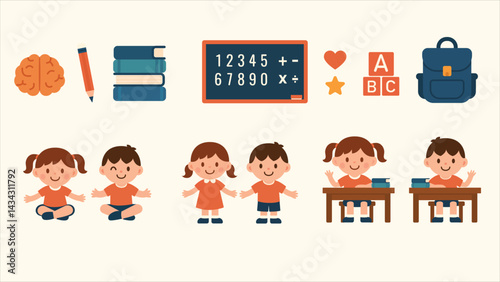 Set of school kids, kindergarten, learning tools, and educational elements in a fun cartoon style, perfect for educational content.Flat vector illustration