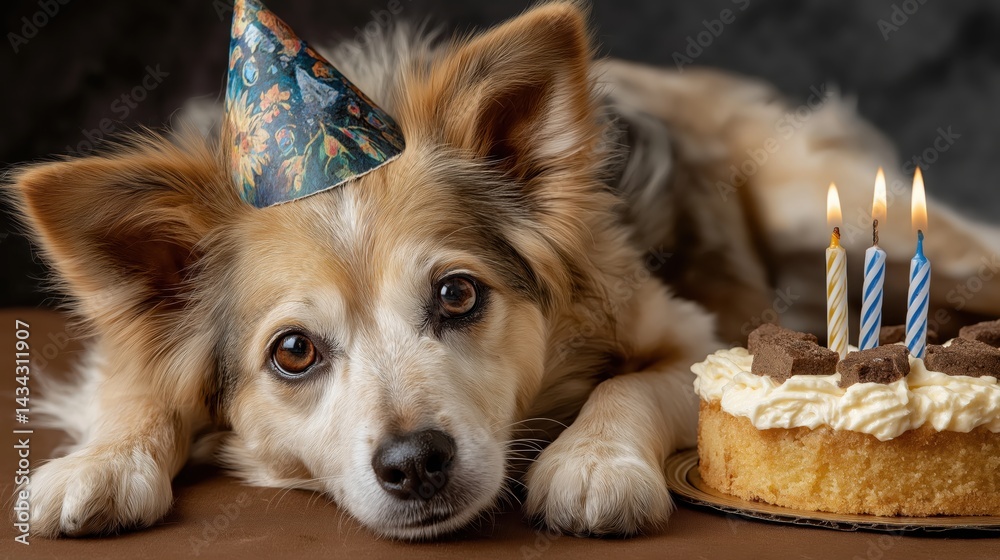 Small dog with party hat celebrates birthday next to cake with candles