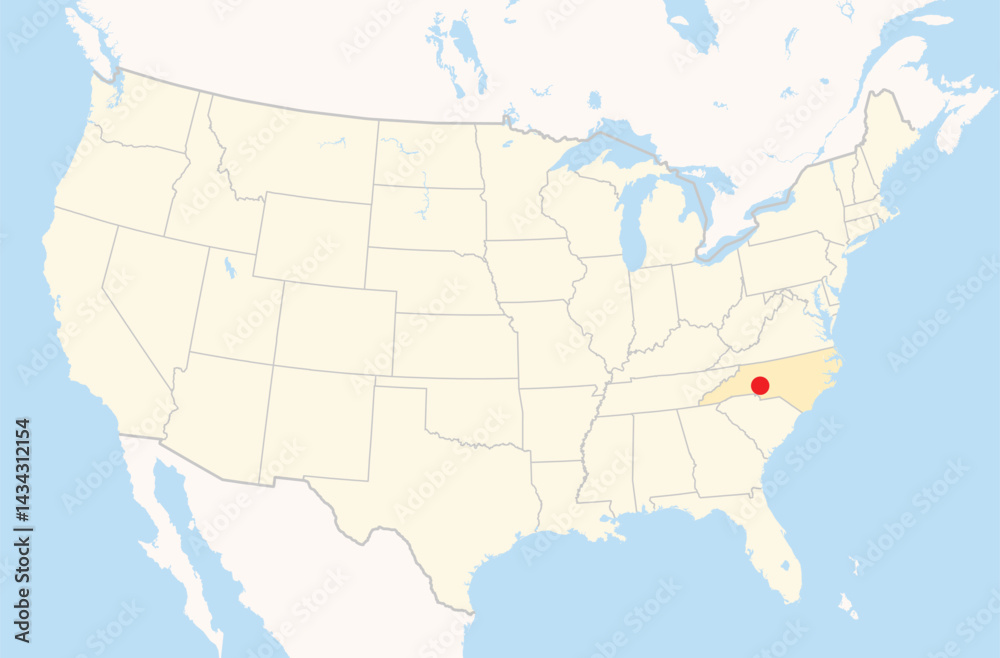 Obraz premium Location Map of the city Kannapolis in North Carolina, USA. The state is marked orange and the city is highlighted with a red dot. No labels at all.