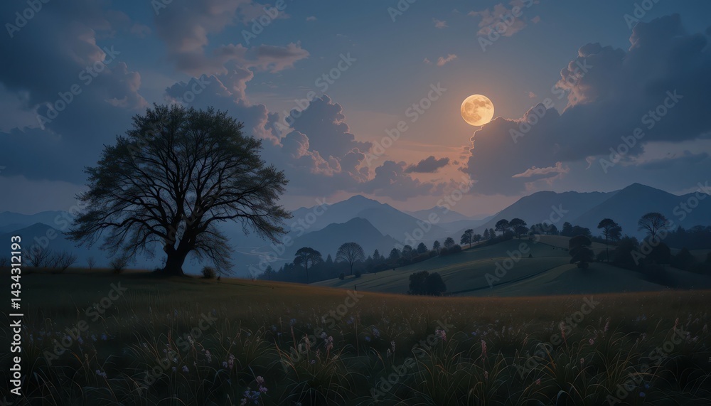 Fototapeta premium Serene Moonlit Landscape with Tree and Mountains at Dusk