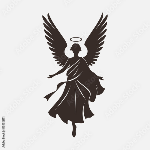 Female Angel Silhouette, Majestic Winged Angel with Halo, faith and religious artwork, Vector Clip Art Illustration