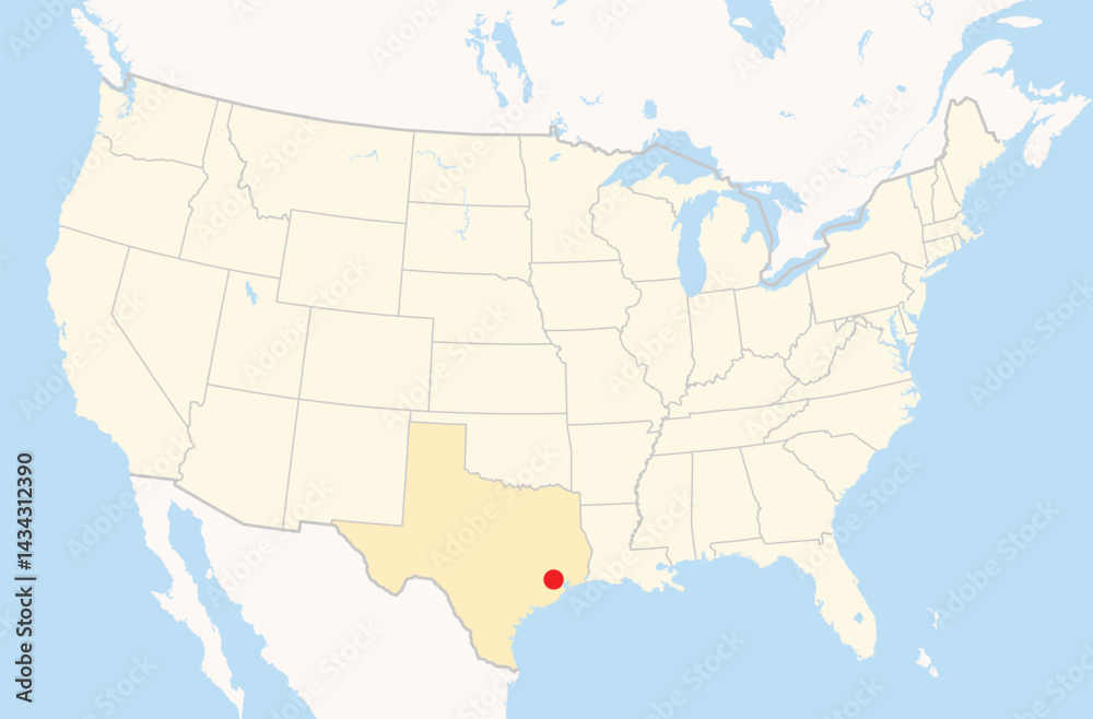 Fototapeta premium Location Map of the city Houston in Texas, USA. The state is marked orange and the city is highlighted with a red dot. No labels at all.