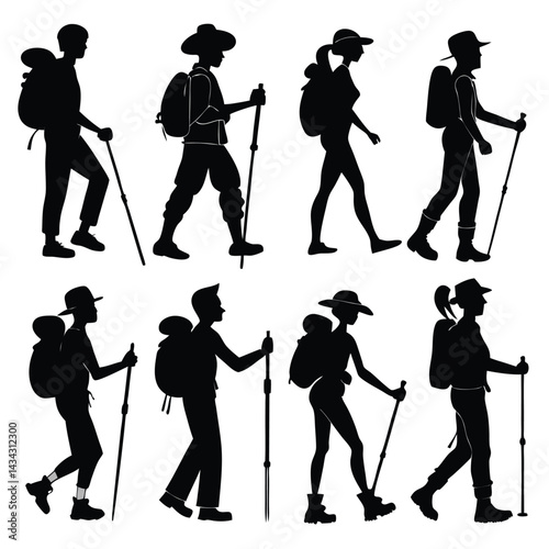 Silhouettes of Hikers with Backpacks and Trekking Poles
