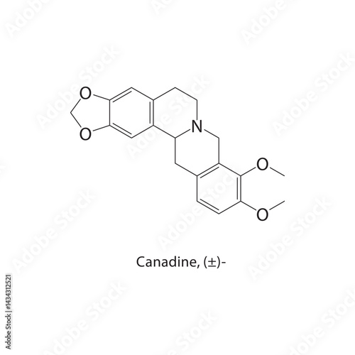 Canadine, (±)- skeletal structure. Alkaloid compound schematic illustration. Simple diagram, chemical formula.