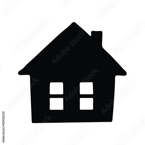 Simple minimalistic black and white house silhouette with chimney and four windows
