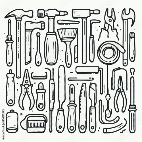 Assorted hand tools on white background