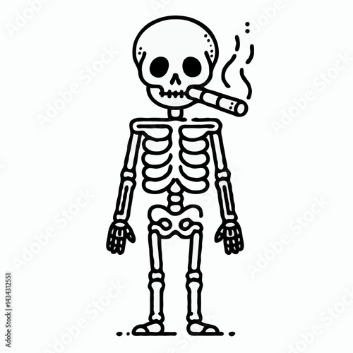 Skeleton smoking cigarette in cartoon black line drawing