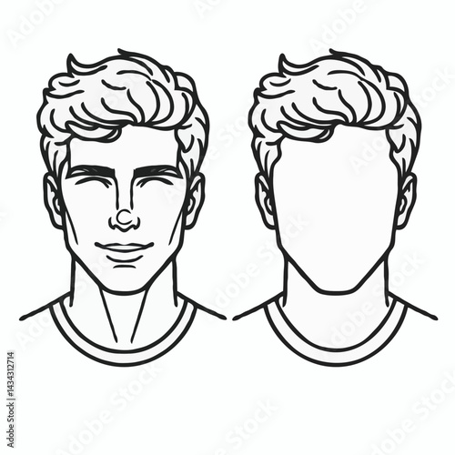 Male face with and without features in black line art style