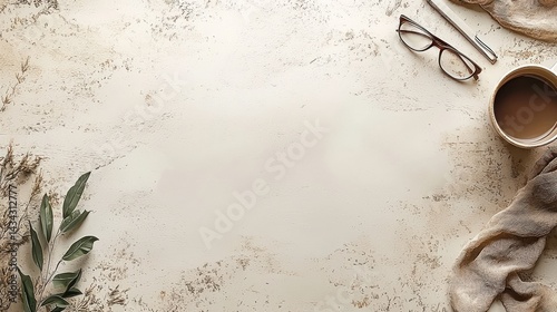 Desk flat lay with leaves, glasses, coffee
