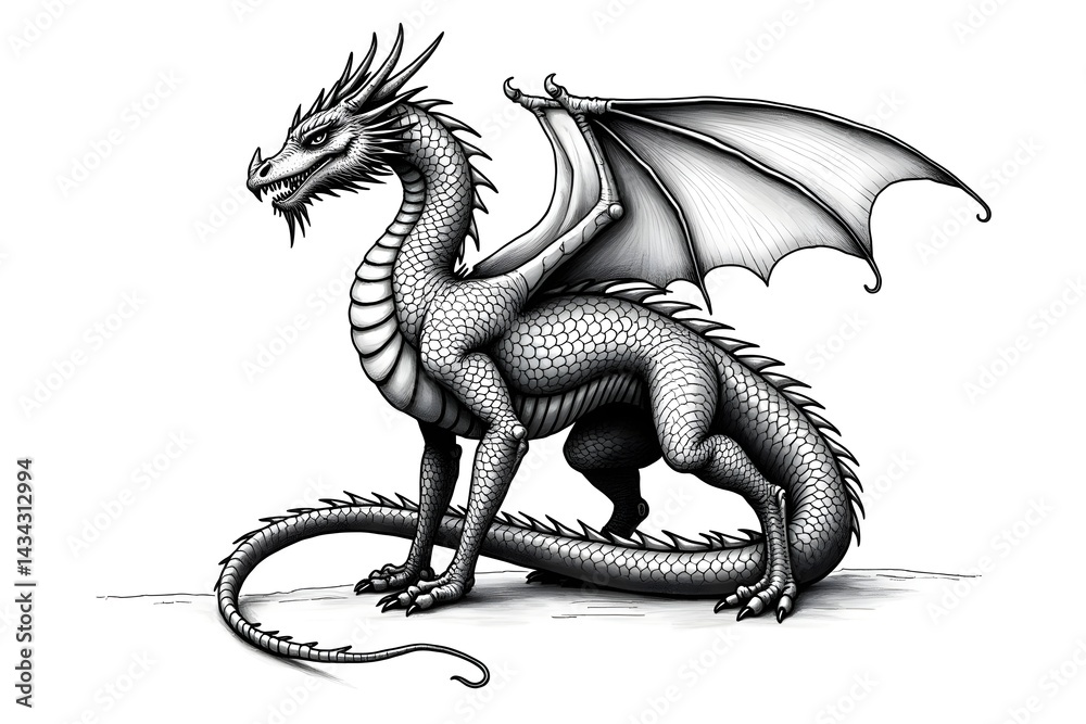 Fototapeta premium Intricate Monochrome Drawing of Dragon with Scales and Wings in Classic Ink Style