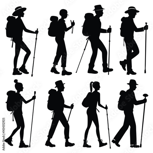Silhouettes of Hikers with Backpacks and Trekking Poles