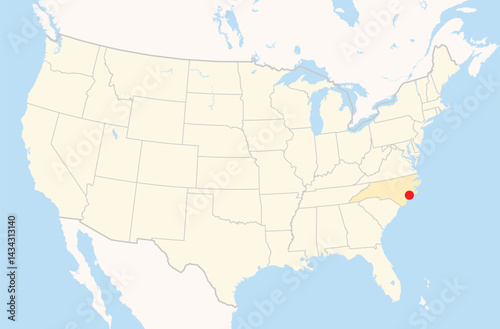 Location Map of the city Jacksonville in North Carolina, USA. The state is marked orange and the city is highlighted with a red dot. No labels at all.