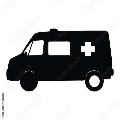 Silhouette of an ambulance with a prominent medical cross symbol shown clearly