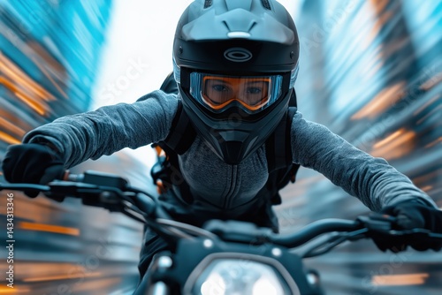 Boy flying through the urban landscape on a moped during late afternoon hours in a vibrant city setting