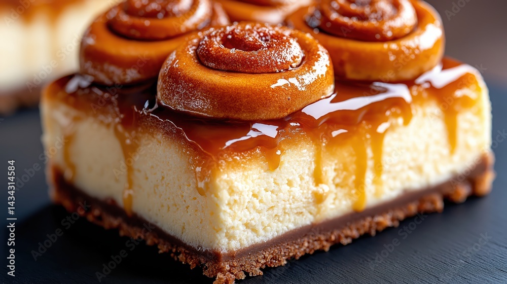 Decadent cinnamon roll honeybun cheesecake drizzled with caramel glaze is a sweet delight for dessert lovers