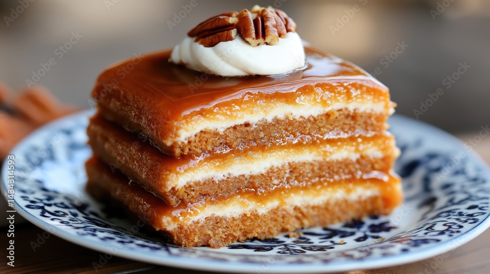 Golden honey cake with whipped cream and pecans on a vintage plate creates a cozy dessert display