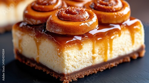 Obraz na płótnie Decadent cinnamon roll honeybun cheesecake drizzled with caramel glaze is a sweet delight for dessert lovers w salonie