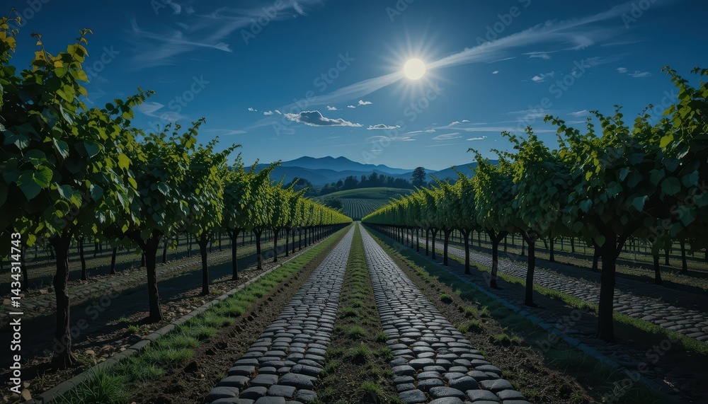 Naklejka premium Serene Vineyard Landscape Under Moonlight with Cobblestone Pathway